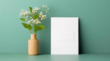 A white frame with a white card sits on a table next to a vase of flowers photo