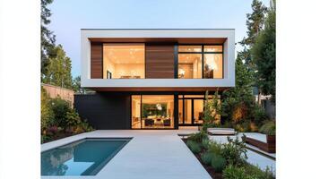 A large white house with a pool and a large patio photo