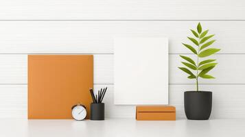 A white wall with a clock, a potted plant, and a picture frame photo