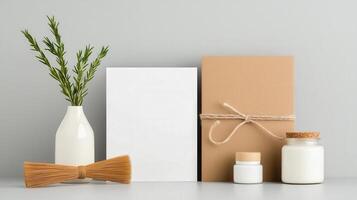 A white box with a brown ribbon tied around it sits on a table next to a vase of photo