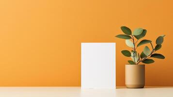 A white sign sits on a table next to a potted plant photo