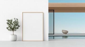 A white framed picture sits on a white pedestal next to a potted olive tree photo