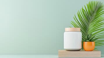 A white jar with a brown lid sits on a wooden shelf next to a potted plant photo