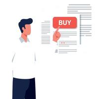 Man in white shirt pointing at a large red buy button in a flat illustration vector