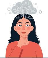 Thoughtful woman contemplating with circuit brain design in minimal illustration vector