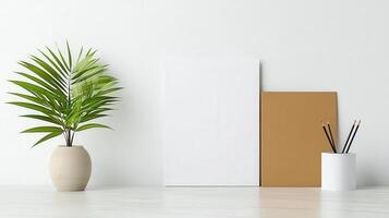 A white board sits on a table next to a vase and a pencil holder photo