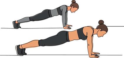 Two women performing push-ups in a minimal and flat design style illustration vector