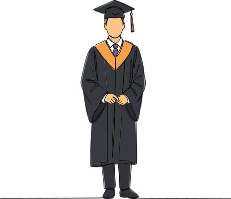 Graduate wearing black gown and cap with orange accents in minimal illustration