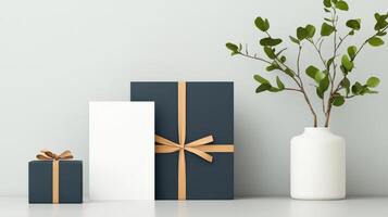 A white box with a blue ribbon sits on a table next to a vase photo