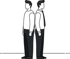 Two business professionals standing back to back in a minimalistic style showcasing contrast and collaboration in art vector