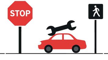 Red car with a wrench symbolizing repairs beside a stop sign in a flat illustration vector