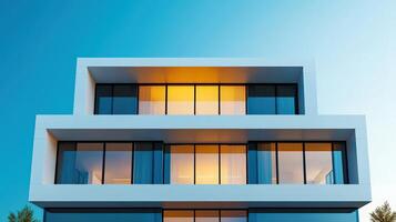 A tall white building with a lot of windows and a balcony photo