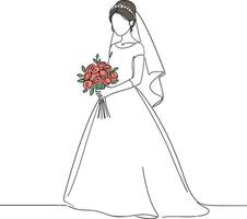 Elegant bride in a flowing white gown holding a bouquet of roses in a minimal flat design illustration vector