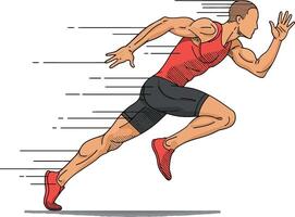 Dynamic male sprinter in motion showcasing athleticism, flat design style, conveying speed and determination in vibrant art vector