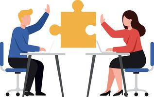 Two colleagues collaborating at a desk while raising hands to connect a large yellow puzzle piece in flat art vector