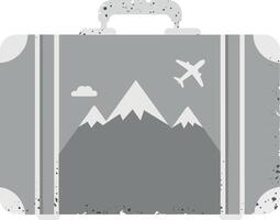 A detailed suitcase design featuring mountains, clouds, and an airplane in a flat illustration style representing travel and adventure vector
