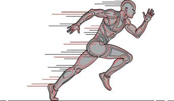 Futuristic humanoid athlete sprinting with dynamic motion lines in a detailed minimal design style showcasing energy and speed in illustration vector