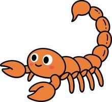 Cheerful orange cartoon scorpion with large claws and smiling face in flat art vector