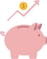 Pink piggy bank with a dollar coin and upward trend arrow in a minimal flat design illustration vector