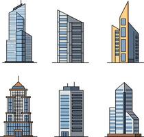 Collection of six modern skyscrapers showcasing flat design style with varying heights, colors, and geometric shapes in illustration vector