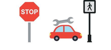 Red stop sign beside a cartoon car with a wrench on top and a pedestrian crossing sign in flat illustration vector