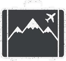 Suitcase featuring a mountain landscape and airplane design in minimal style, representing adventure and travel in art vector