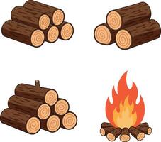 Piles of wooden logs and a campfire in a minimal illustration style showcasing natural textures and warm colors in a cozy setting vector