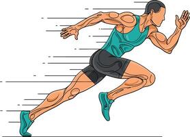 Dynamic male sprinter in motion showcasing athleticism in flat art style with speed lines emphasizing urgency and energy vector