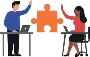 Collaborative business meeting with two professionals discussing ideas at desks featuring laptops and a puzzle piece in flat illustration vector