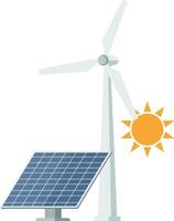 Renewable energy scene featuring a wind turbine and solar panel in a flat design style as vibrant art vector