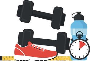 Fitness equipment setup with dumbbells, running shoes, water bottle, and stopwatch in a minimal flat design illustration vector