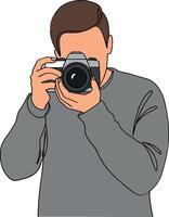 A young man in a grey sweater capturing a moment with a professional camera in a minimalist flat art style vector