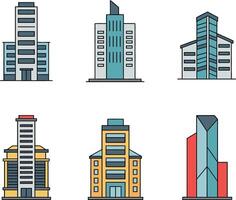 Modern city skyline featuring six distinct buildings in a minimal style with vibrant colors and geometric shapes, illustration vector