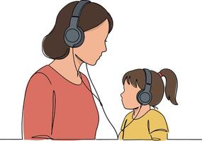 A mother and daughter sharing a joyful moment while listening to music together in minimal illustration style vector