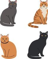 Four adorable cats in a minimalistic flat design style showcasing diverse colors and expressions in art vector