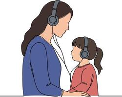 A mother and daughter sharing headphones in a cozy moment, illustrated in a minimal flat design style, showcasing connection and warmth in art vector