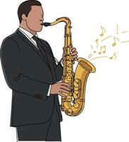 A man in a black suit passionately playing a golden saxophone in a lively jazz setting, detailed art vector