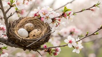 Quail Eggs Nestled in Spring Blossom Tree photo