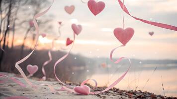 Pink Hearts Floating on Ribbon at Sunset Romantic Scene photo