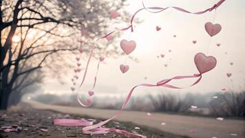 Pink Hearts Floating on Ribbon in Dreamy Landscape photo