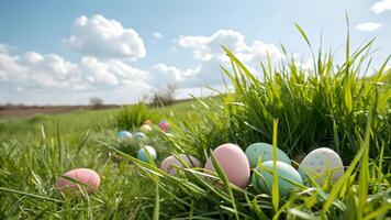 Pastel Easter Eggs Hidden in Sunny Spring Grass photo