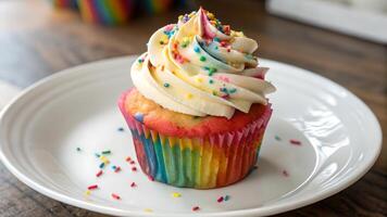 Rainbow Sprinkles Cupcake on White Plate photo