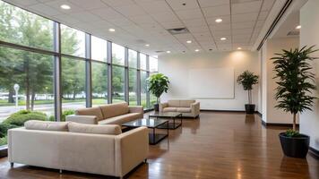 Bright Modern Office Lobby with Sofas, Large Windows, and Comfortable Atmosphere, Featuring Blank Whiteboard for Customization photo