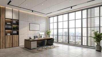 Modern Office Interior with City View, Empty Wall, Mockup, 3D Rendering, Bright, Contemporary Workspace photo