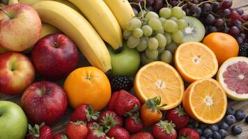 Fresh Fruits Abundance Colorful Apple, Banana, Grape, Strawberry, and Orange Still Life Composition photo
