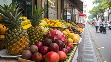 Vibrant Asian Market Scene with Tropical Fruits Displayed on Street Stall in Vietnam photo