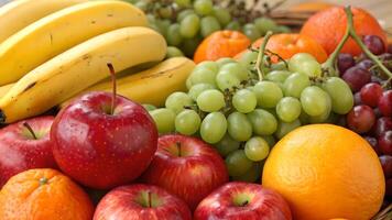 Vibrant Fruit Basket Still Life Bananas, Apples, Grapes, and Oranges Display photo