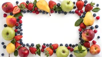 Fresh Fruits and Berries Frame Ripe Healthy Food White Background Colorful Delicious Summer Composition photo