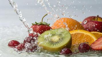 Fresh Fruits Splashing in Water Creating a Refreshing and Vibrant Scene photo