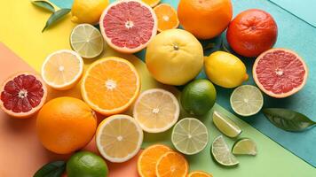 Vibrant Citrus Fruits Assortment on Colorful Background, Fresh and Juicy photo
